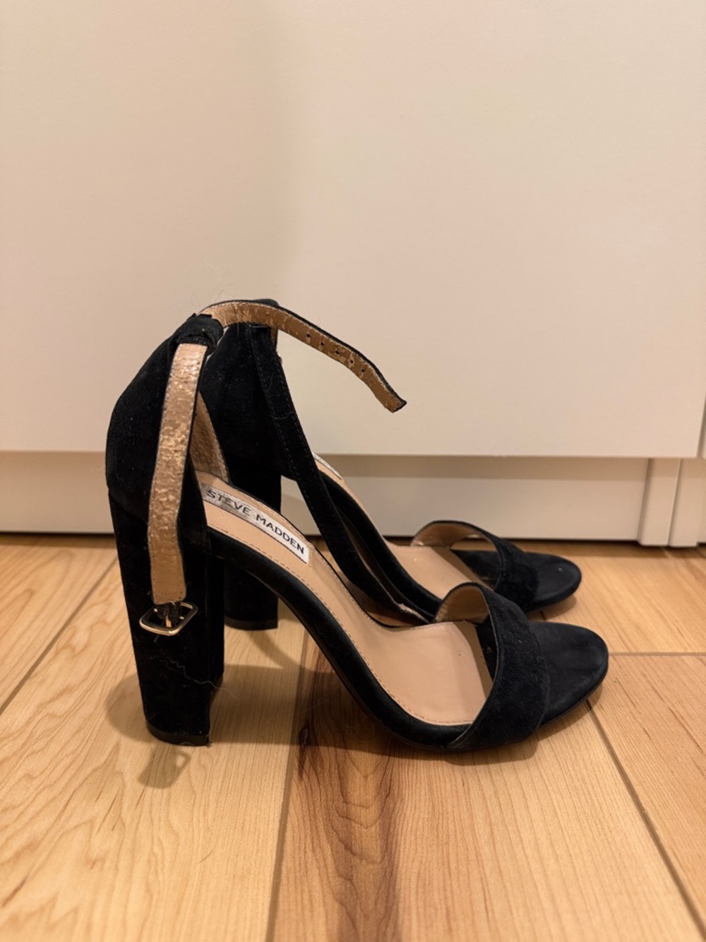 Steve Madden Black Suede Block Heel Sandals with Metallic Gold Ankle Strap
